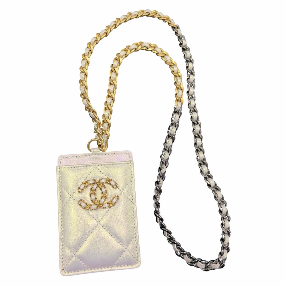 Chanel Quilted Iridescent Calfskin Card Holder On Chain White Luxury Designer